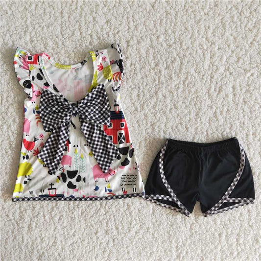 B11-4 House Animal Print Back Bow Short Sleeve Top with Black Shorts