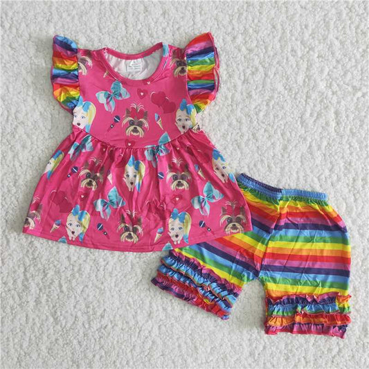 A12-13  New cartoon movie character print red short-sleeved top with colorful striped stitching shorts