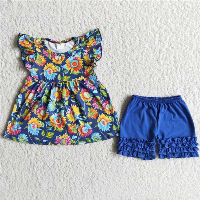 B13-13 Floral print short-sleeved top with blue shorts