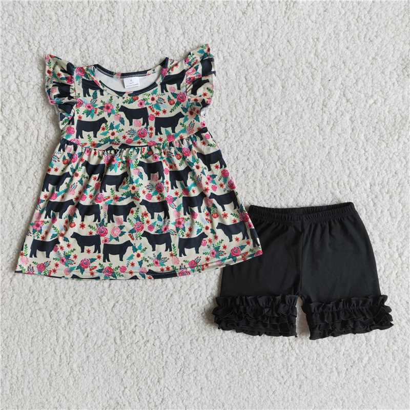 C5-1-3  Dog Print Short Sleeve Top with Brown Shorts