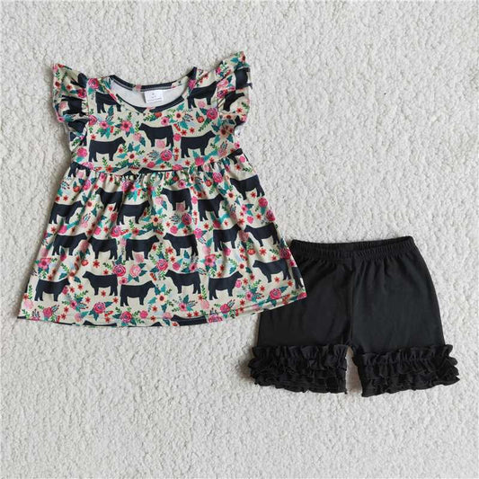 C5-1-3 Dog Print Short Sleeve Top with Brown Shorts