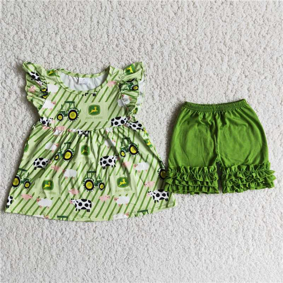 D11-26 Truck Print Green Short Sleeve Top with Green Shorts