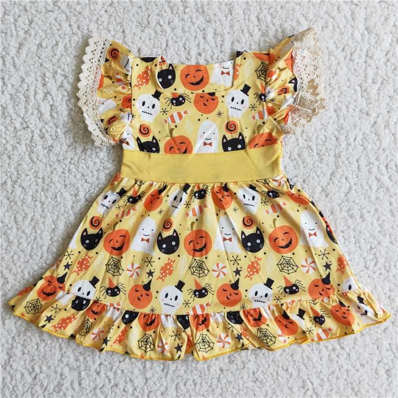 B10-9   Pumpkin Print White Lace Short Sleeve Dress