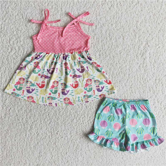 A16-9-2 Anime movie image print stitching pink polka dot suspender top with printed blue shorts