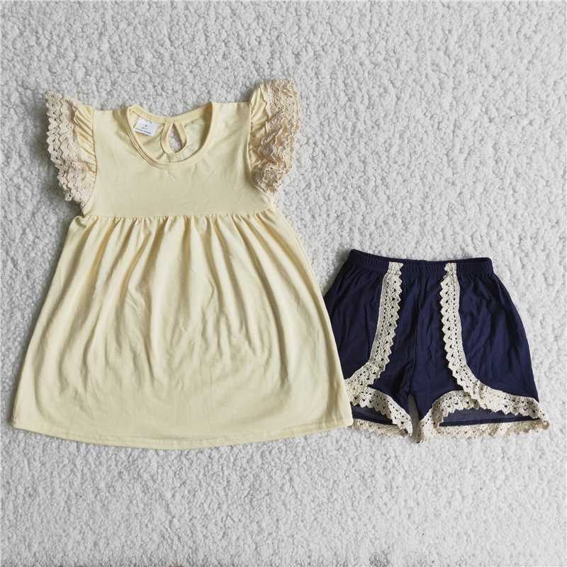 A13-21   Yellow lace short-sleeved top with dark blue lace shorts