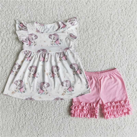 A6-9-1 New Anime Movie Print Pony Print White Short Sleeve Top with Pink Shorts