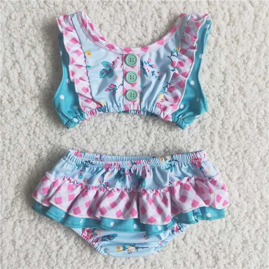 产品 RTS Children Boutique Kids Blue Floral Swimsuits 2pcs Ruffle Baby Girls Toddler Fashion Boutique Outfits Clothing Sets