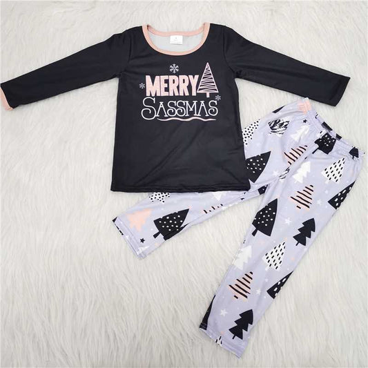 6 A25-16  Christmas tree print black long-sleeved top with printed trousers