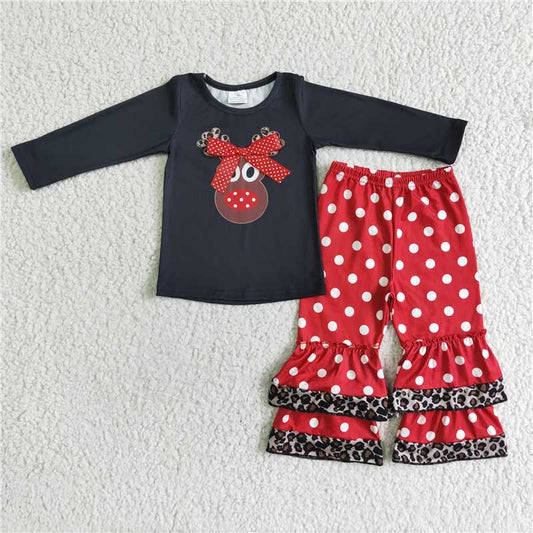 6 A22-26 girl christmas fawn bow top red polka dots