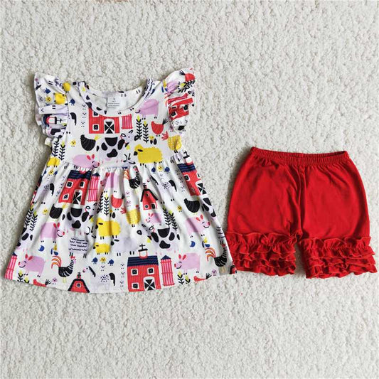 A12-16 House animal print short-sleeved top with red shorts