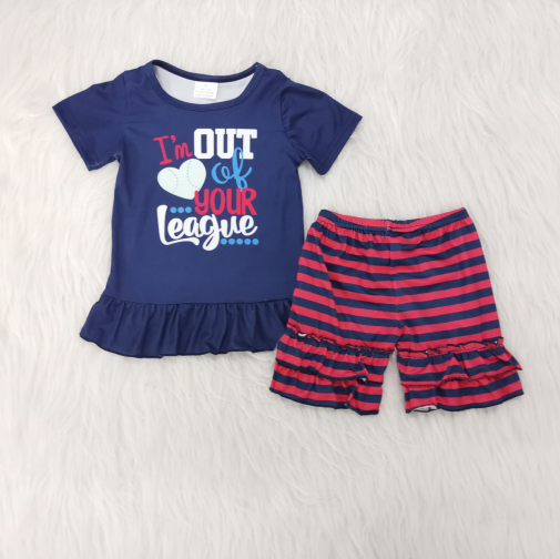 A8-22  Letter-print blue short-sleeved top with red and blue striped shorts