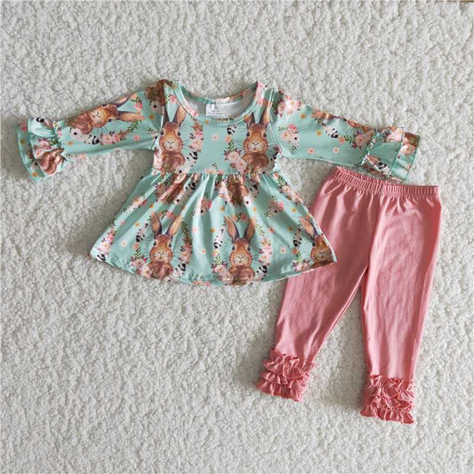 6 B10-36  Easter Green Rabbit Pattern Green Long Sleeve Top with Pink Trousers