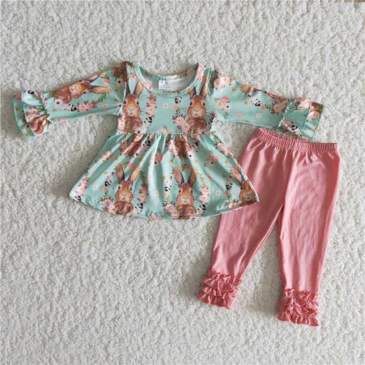 6 B10-36 Easter Green Rabbit Pattern Green Long Sleeve Top with Pink Trousers