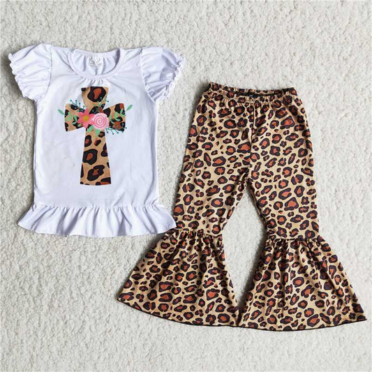 A8-15 Easter cross white short-sleeved top with leopard-print flared pants