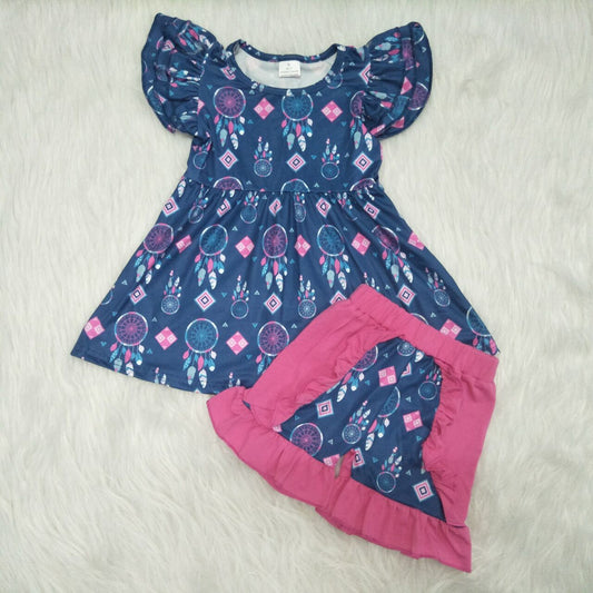 C0-11    Floral Print Short Sleeve Top with Buttons and Blue Lace Shorts