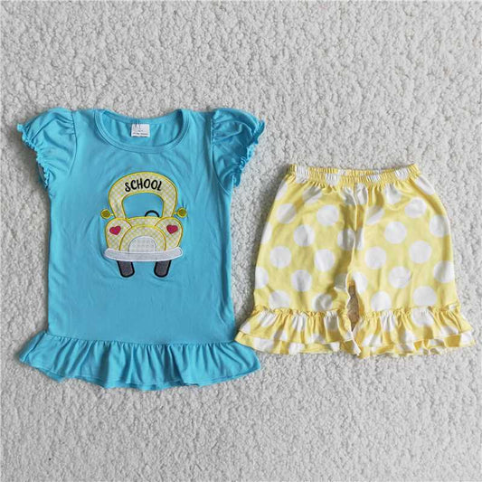 D12-26  Car embroidered blue short-sleeved top with yellow polka-dot shorts