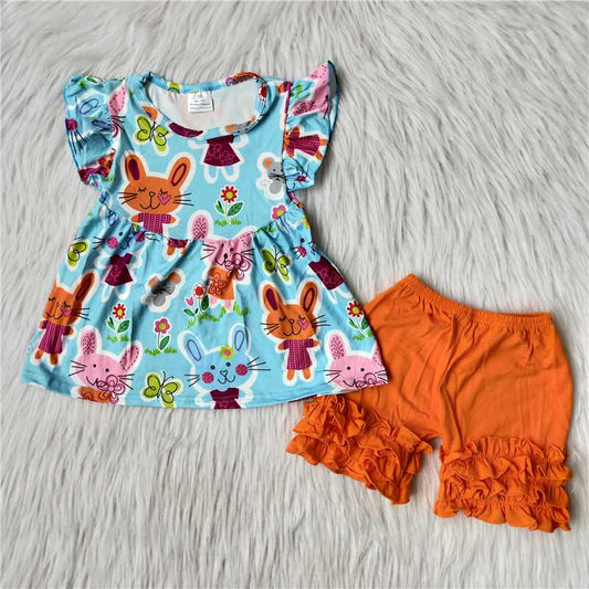 A4-1-2 Rabbit-print short-sleeved top with orange shorts