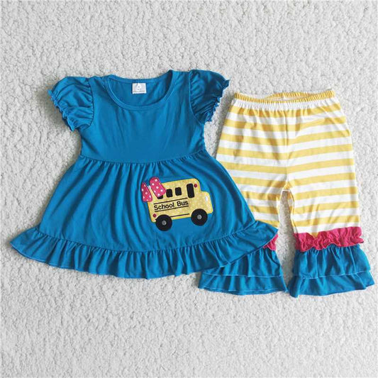 C5-21   School bus embroidered blue short-sleeved top with yellow and white striped shorts