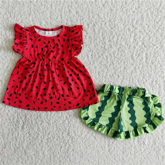 D6-28 Watermelon Print Short Sleeve Top and Shorts Set