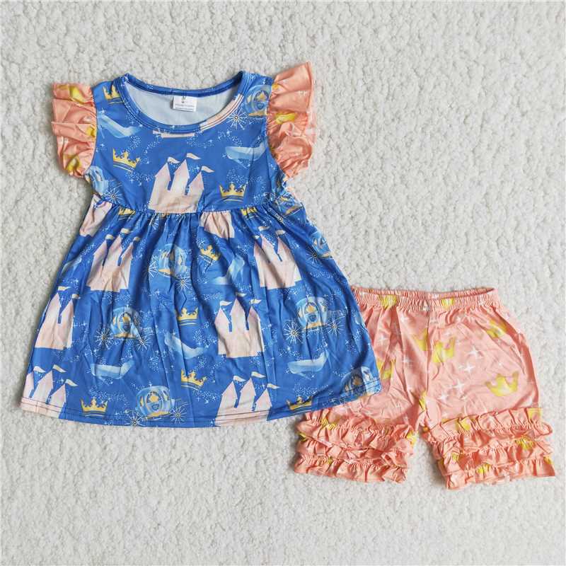 B9-21 Crown-print blue short-sleeved top with orange shorts