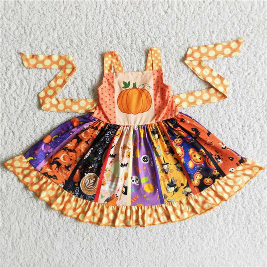 B8-1  Girls' Pumpkin Print Lace-Up Dress