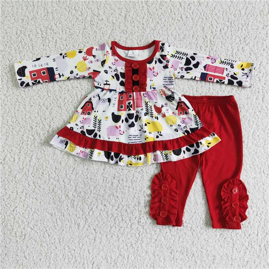 6 A8-17 Girl Farm White Long Sleeve Red Pants