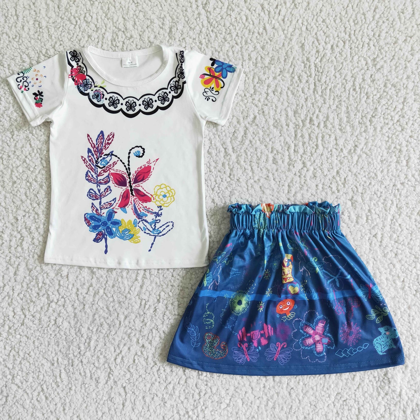 GSD0052  White Embroidered Short Sleeve Top with Blue New Anime Movie Print Skirt