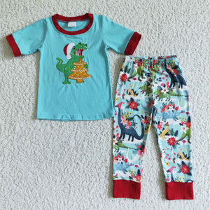 BSPO0008   Boys Embroidered Christmas Dinosaur Blue Short Sleeve Pants Set