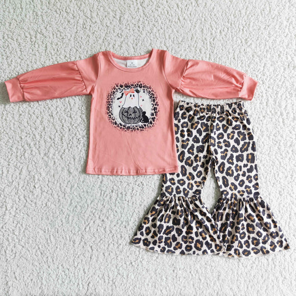 GLP0017  Halloween Ghost Leopard Pumpkin Long Sleeve Pants Set