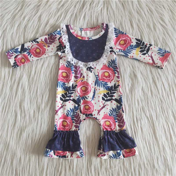 hot sale popular cute baby girls kids clothes purple floral lace romper