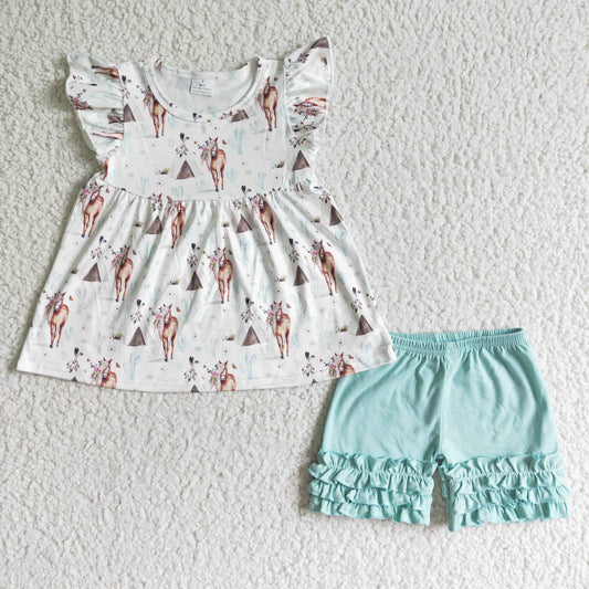 GSSO0111   Girls Horse Print White Sleeveless Top with Light Green Shorts