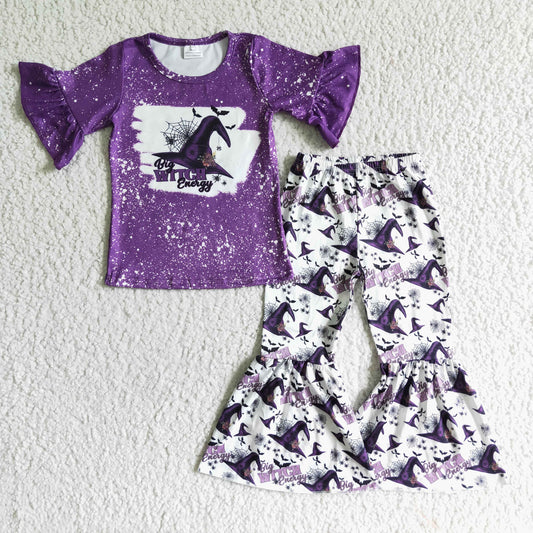 GSPO0094 Halloween Witch Hat Purple Short Sleeve Pants Set