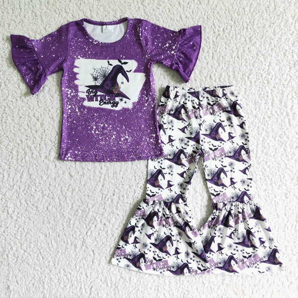 GSPO0094   Halloween Witch Hat Purple Short Sleeve Pants Set