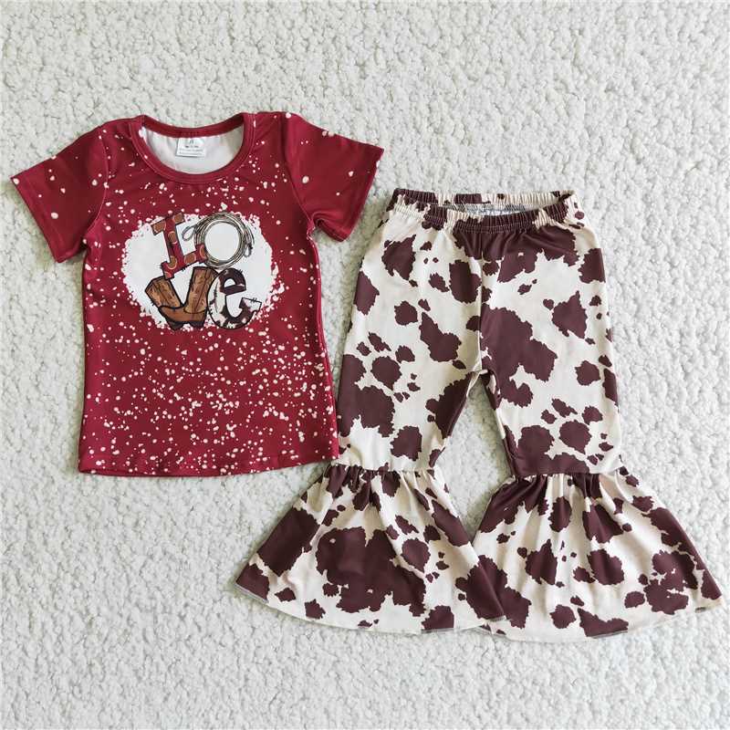 2022 new design love baseball infant girl's short sleeve cow pattern bells outfit kids clothing child boutique baby kids clothes