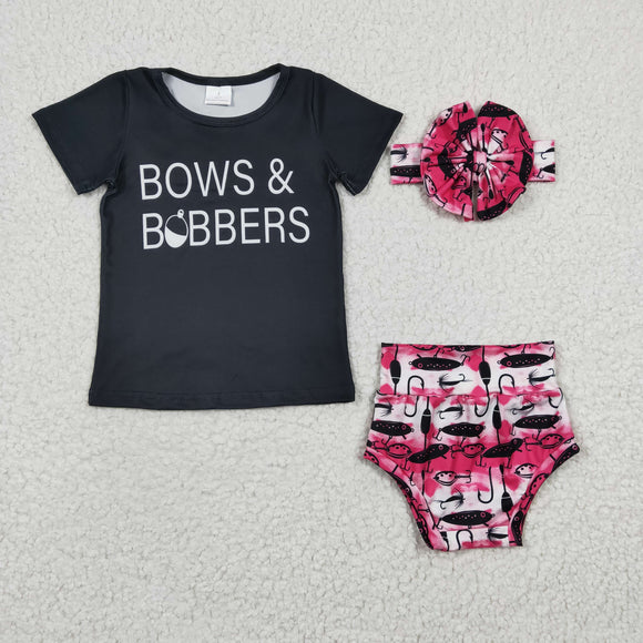 GBO0072 BOWS Fishing Black Short Sleeve Rose Red Brief Set