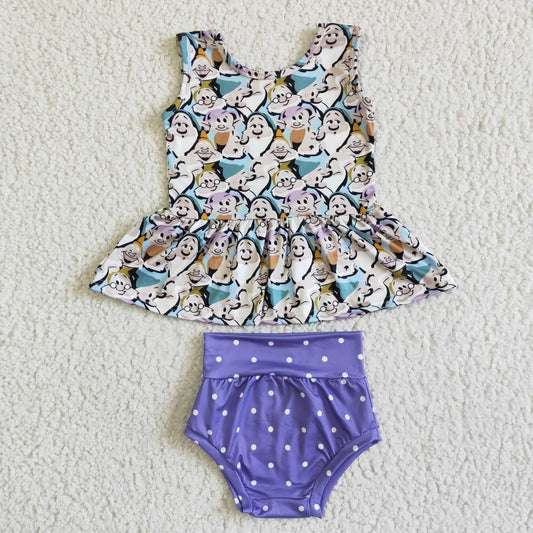 GBO0037 Little old man print sleeveless top with polka dot purple shorts