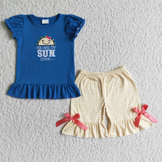 GSSO0096    Girls Embroidered SUN Sun Puff Yellow Bow Shorts