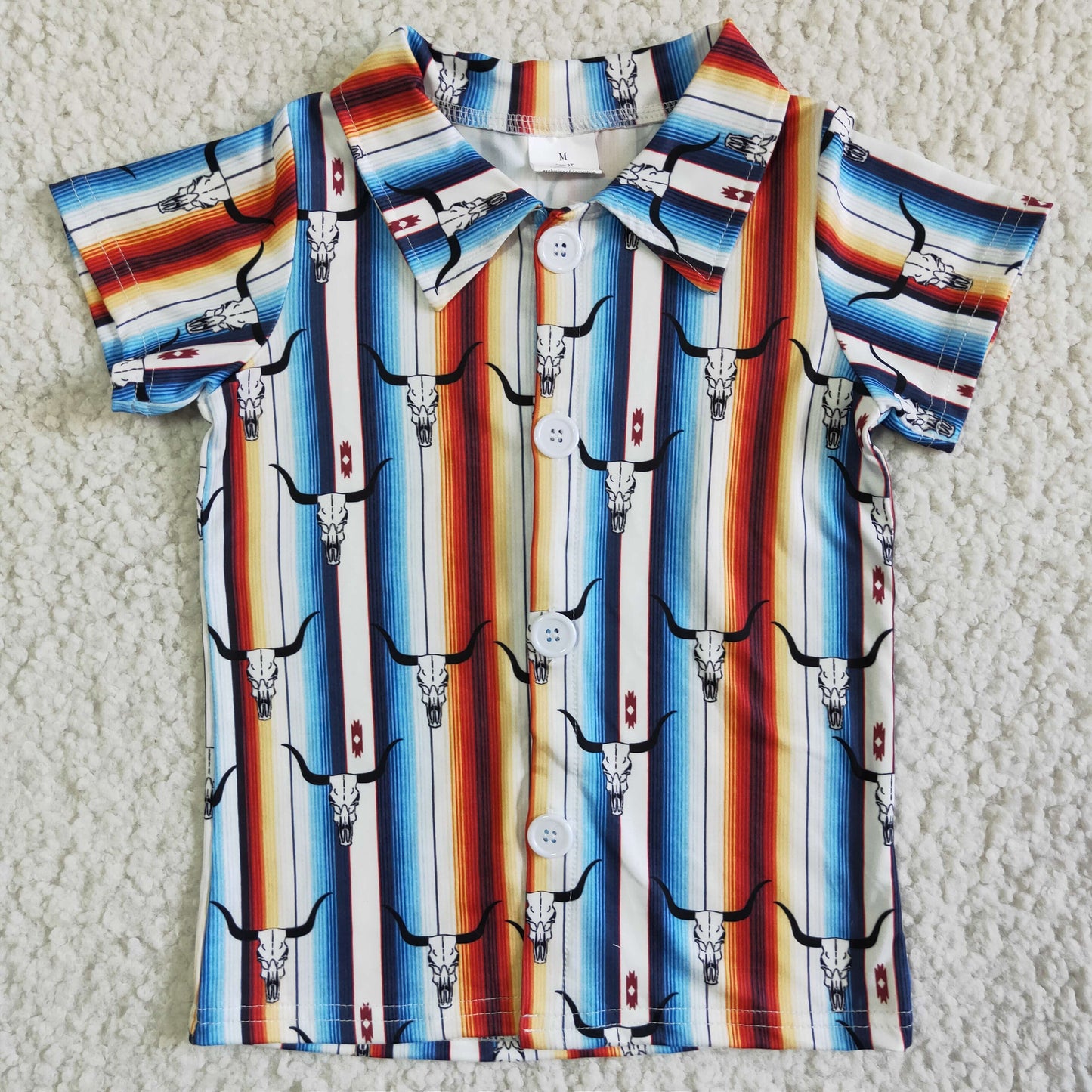 BT0012    Multicolored Striped Panel Short Sleeve Top with Bull Head Pattern