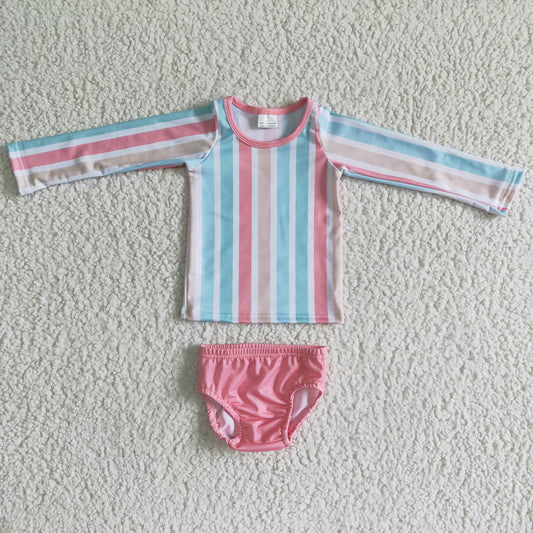 S0020  Summer girls colorful striped stitching long-sleeved top with shorts suit  swimsuit
