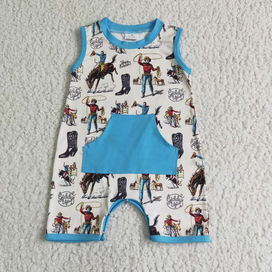 SR0043   Western denim element print men's new sleeveless jumpsuit