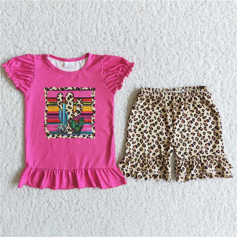 C1-11   Rose red short-sleeved top with leopard print shorts