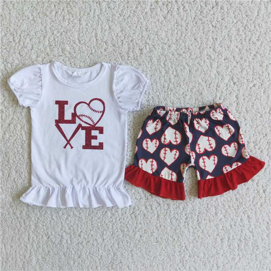 E3-1  LOVE monogram print short-sleeved top with printed blue shorts