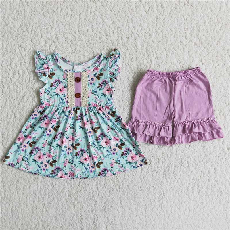 C6-22   Purple Flower Print Button Sleeveless Top with Purple Shorts and Lace Suit