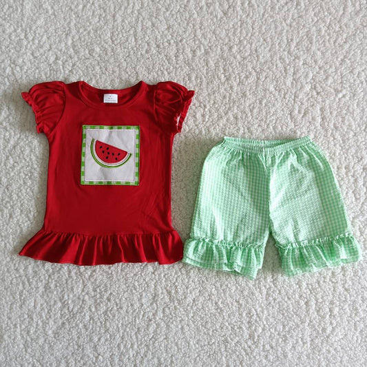A14-15 Watermelon embroidered red short-sleeved top with green shorts