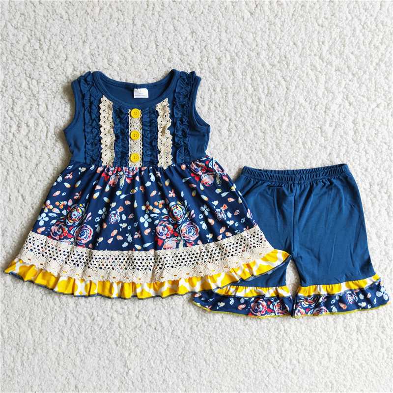 C0-11  Blue Printed Button Short Sleeve Top with Shorts