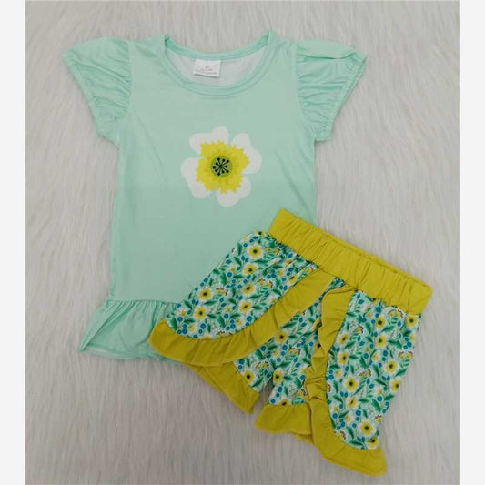C9-2 Summer new green printed short-sleeved top with printed shorts