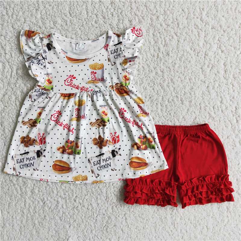 A7-22 Food print white short-sleeved top with red shorts