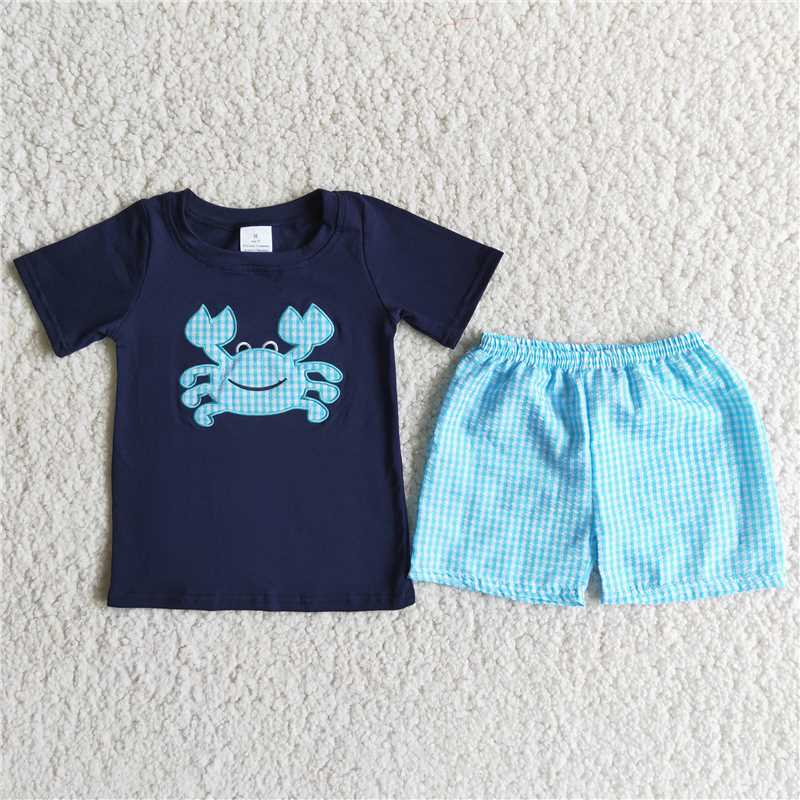 A16-14 Dark Blue Crab Embroidered Short Sleeve Top with Blue and White Patchwork Shorts