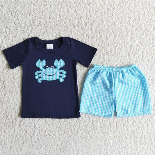 A16-14 Dark Blue Crab Embroidered Short Sleeve Top with Blue and White Patchwork Shorts