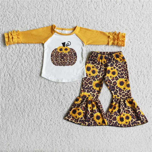 6 A15-28   Girls' Pumpkin Long Sleeve Top with Sunflower Leopard Print Flared Pants